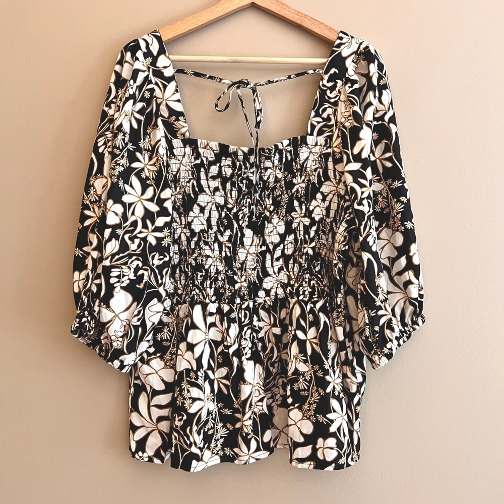 Ava & Viv Womens 1X Floral Smocked Peplum Top Puff Sleeve Tie Back Boho Peasant - Picture 2 of 9